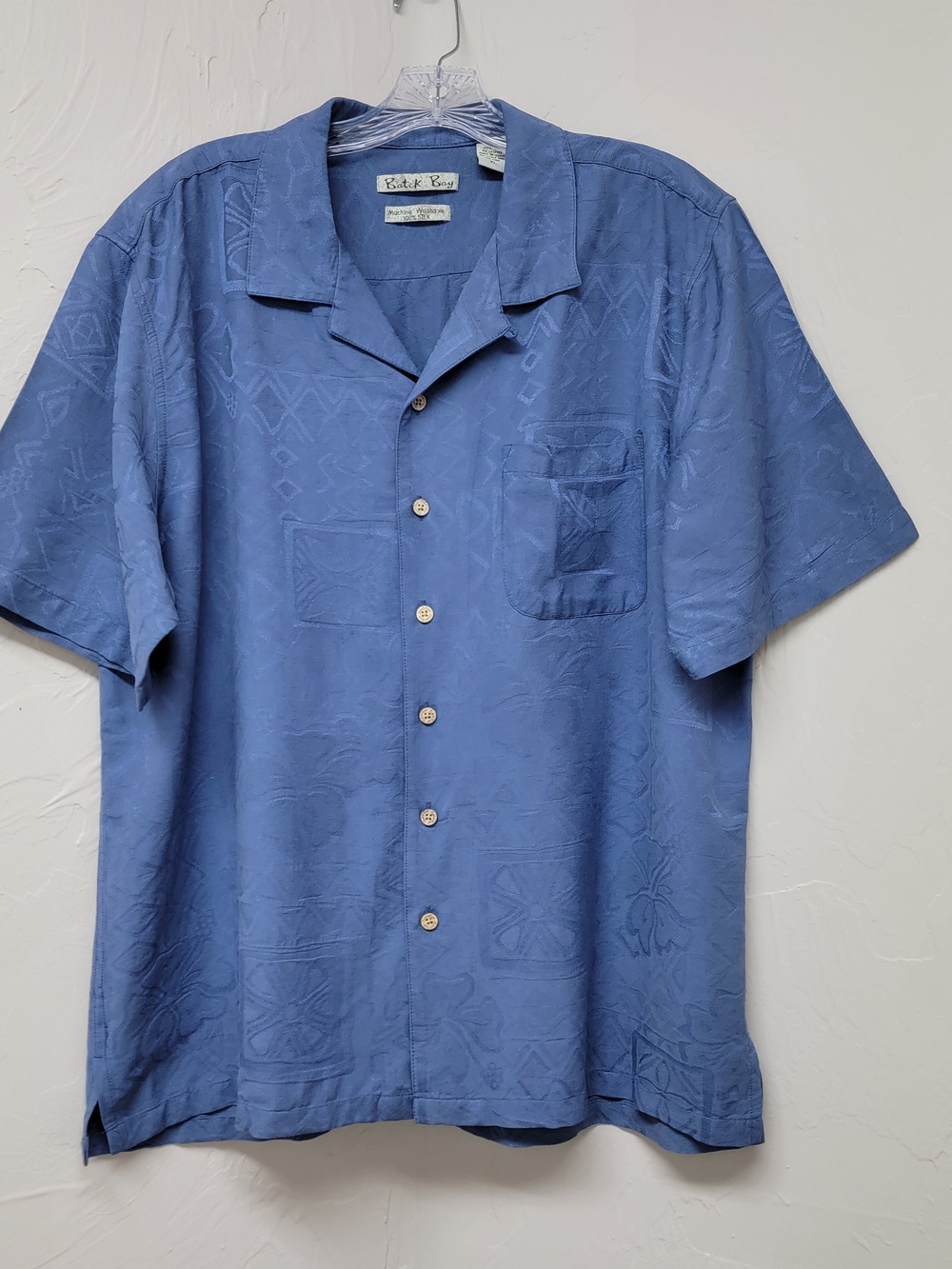 Batik Bay Mens Blue Hawaiian 100% Silk Camp Shirt Palm Tropical Resort Beach XL